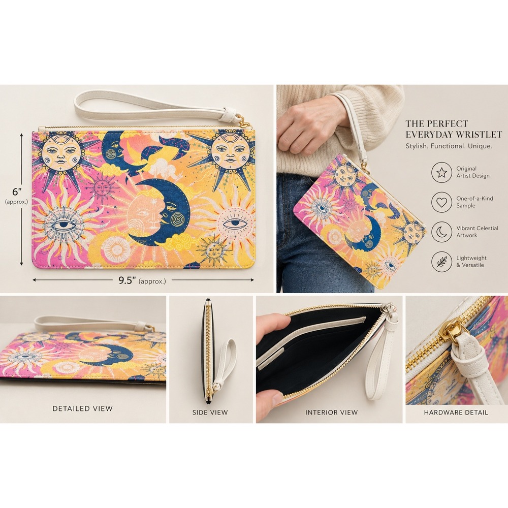 Artist Designed Celestial Sun Moon Wristlet OS Pink Yellow New